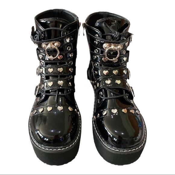 Black Patent Tainted Love Platform Moto Combat Boots NEW - Picture 4 of 4